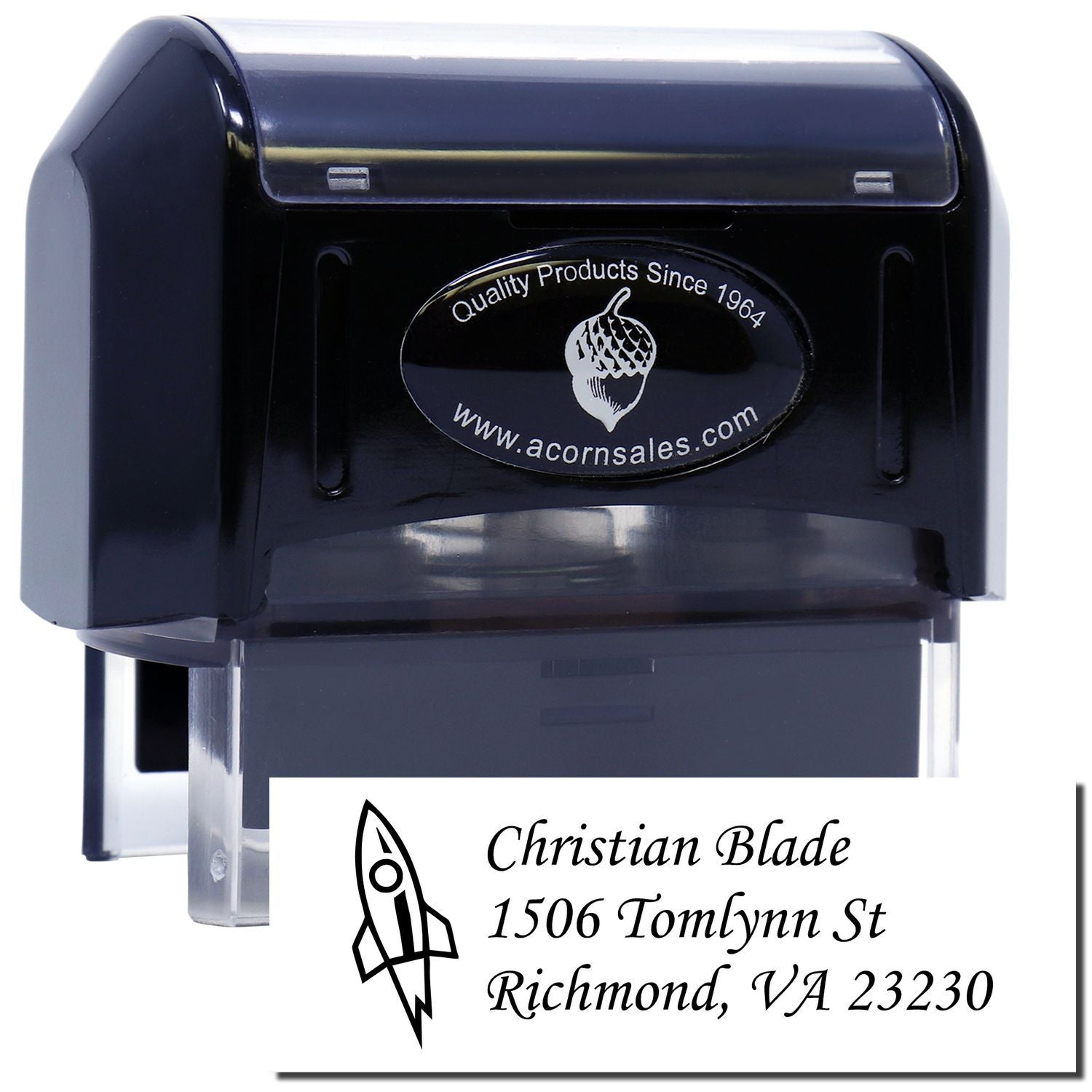 Custom self-inking rubber address stamp with rocket logo and Christian Blade Richmond, VA return address.