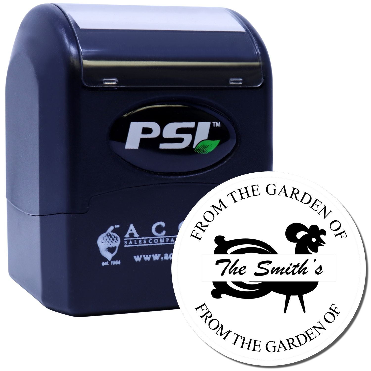 PSI custom self-inking rubber stamp with From the Garden of The Smiths chicken design for personalized farm gifts.