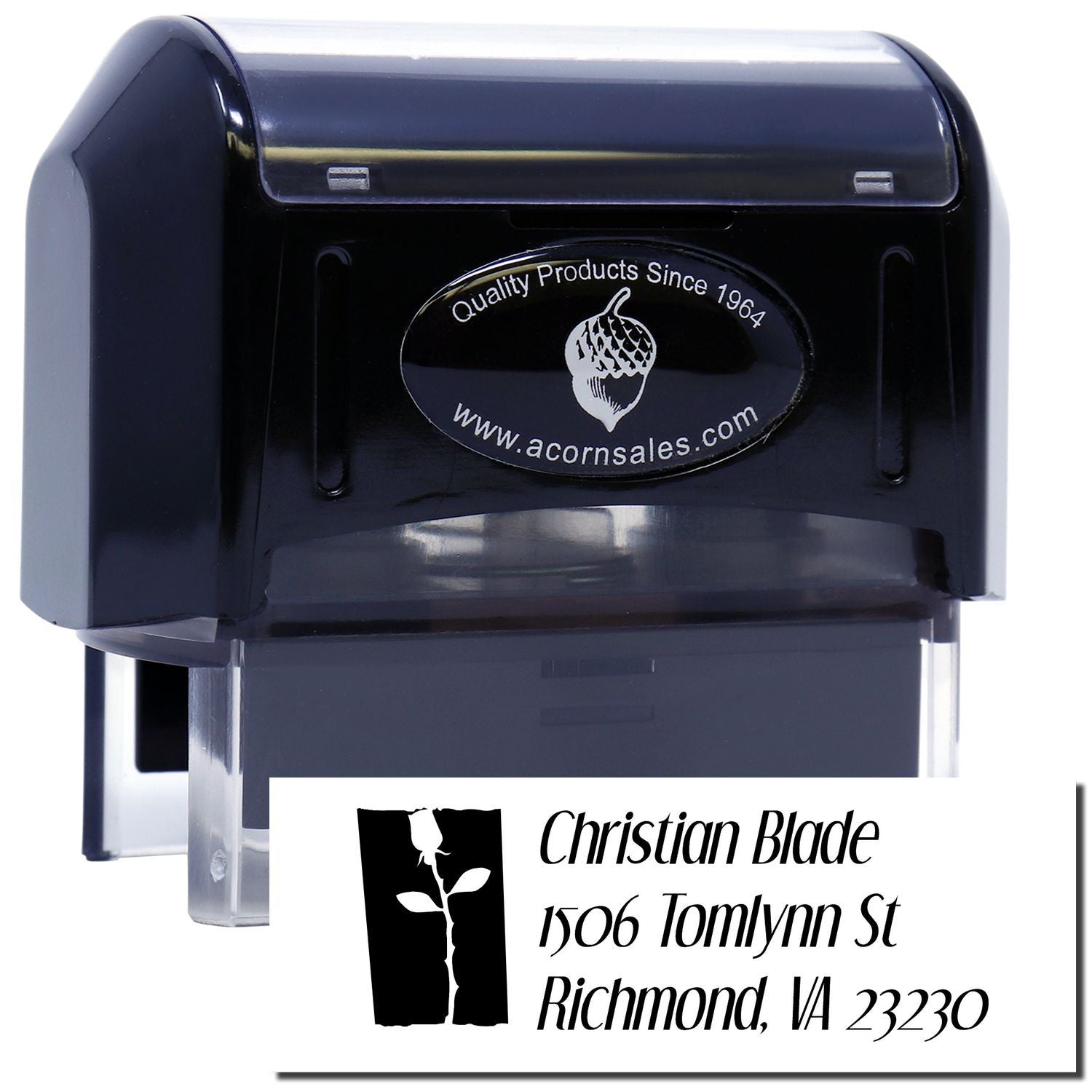 Custom self-inking rubber address stamp with logo and return address for Christian Blade, Richmond, VA 23230