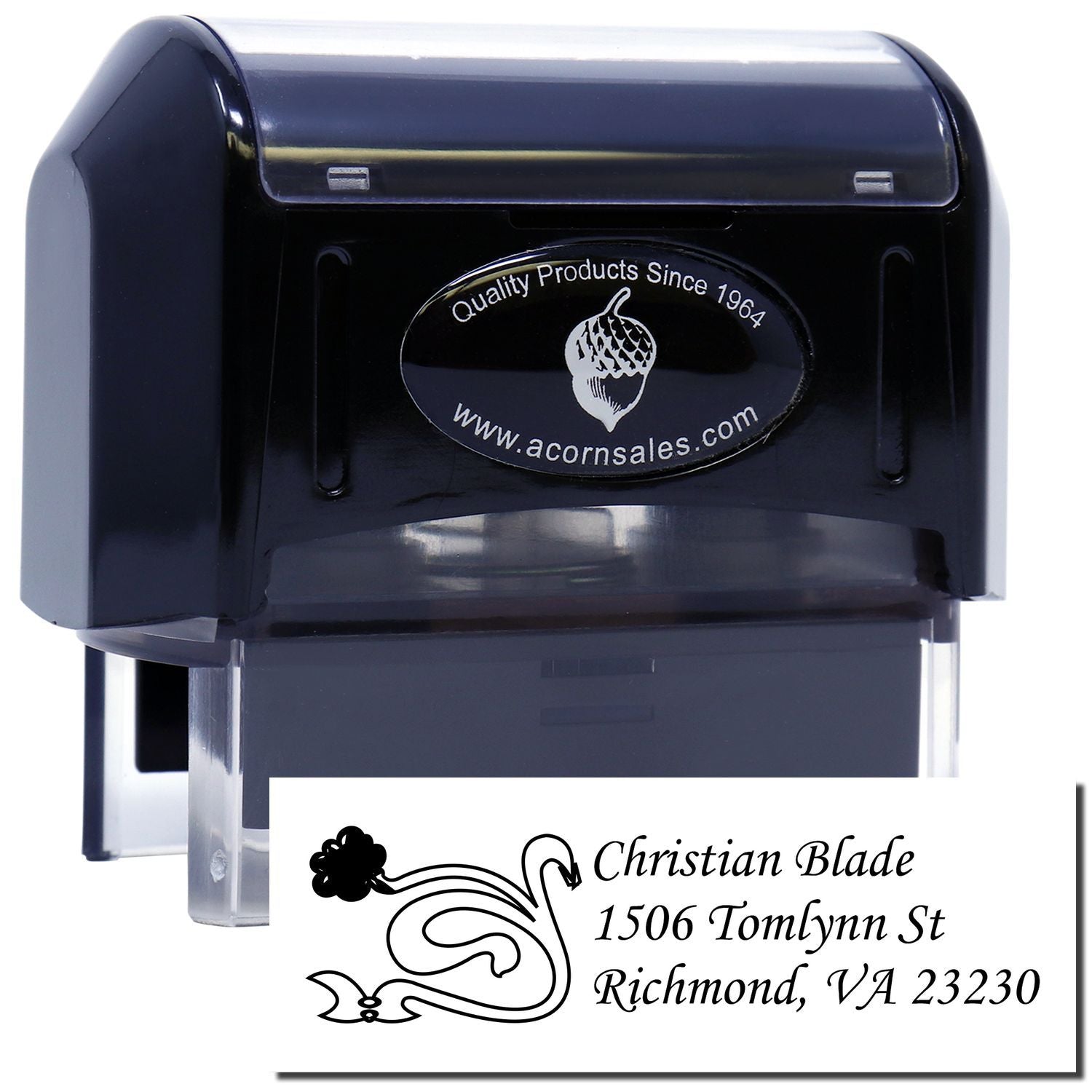 Custom self-inking address rubber stamp with decorative monogram for personalized mail, business, or return address use.