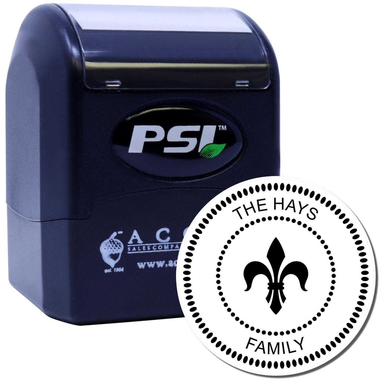 PSI custom self-inking rubber stamp with round fleur-de-lis family design for personalized address or craft stamping.