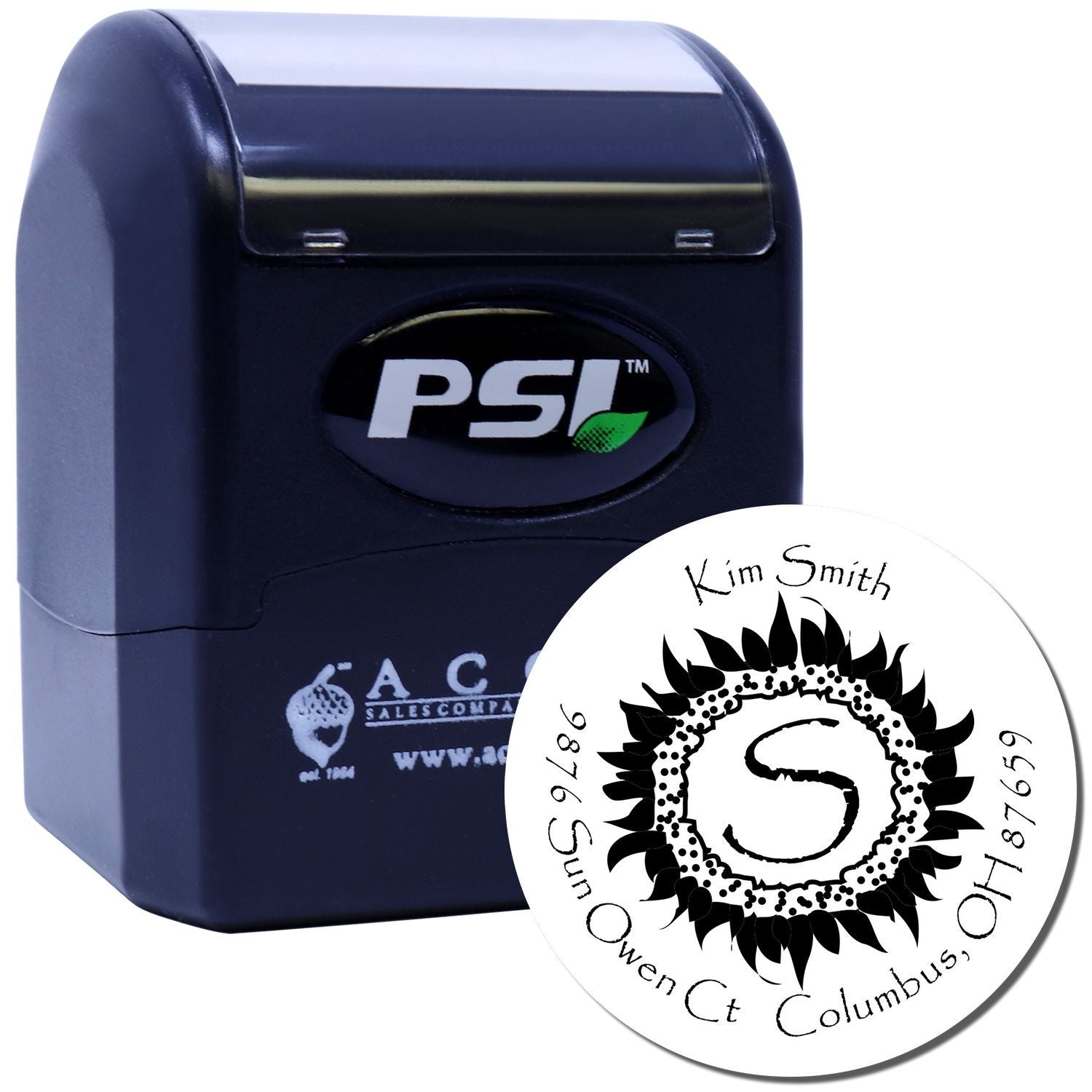 PSI self-inking custom return address rubber stamp with name and address design for mailing and business use.