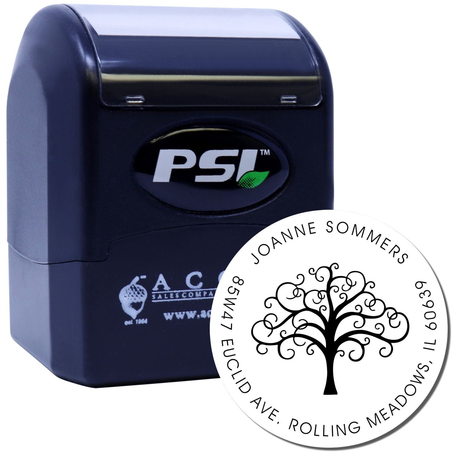 PSI custom self-inking rubber stamp with circular tree logo and address imprint for personalized business and return-address use