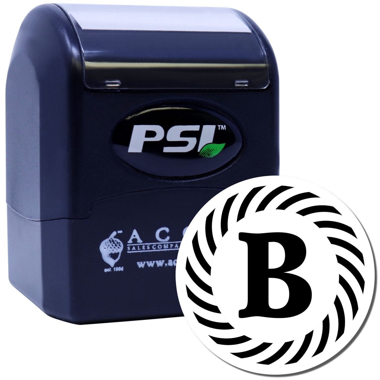 PSI self-inking rubber stamp with custom letter B imprint, ideal for office marking, branding, and business use.