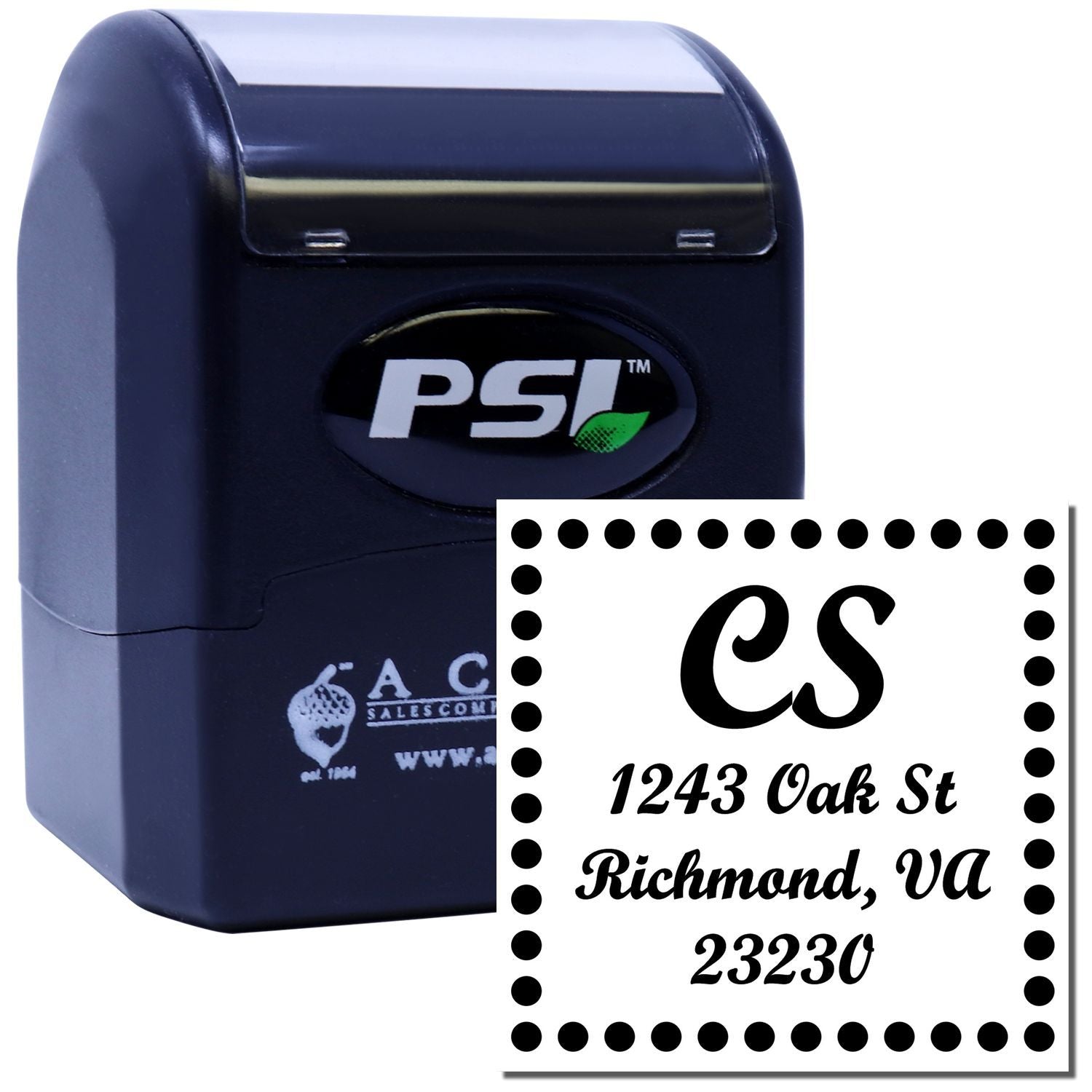 Custom self-inking rubber address stamp with initials, name, city, state and ZIP for business or personal mail