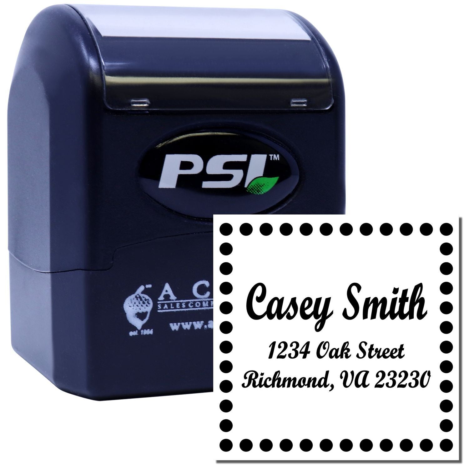 Personalized self-inking address stamp for Casey Smith, Richmond VA, ideal for mailing, packaging, and business correspondence.