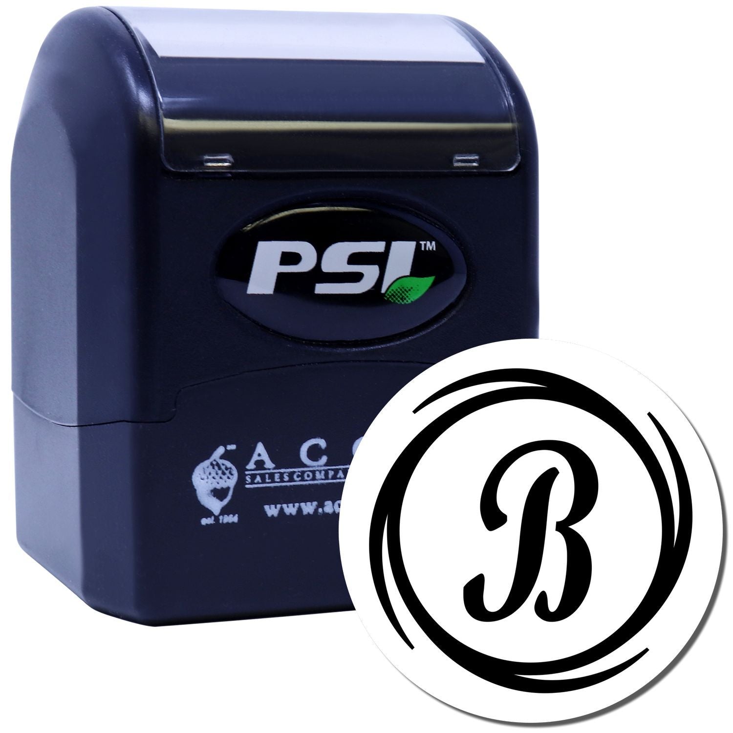 PSI self-inking rubber stamp with custom B monogram for business branding and document marking