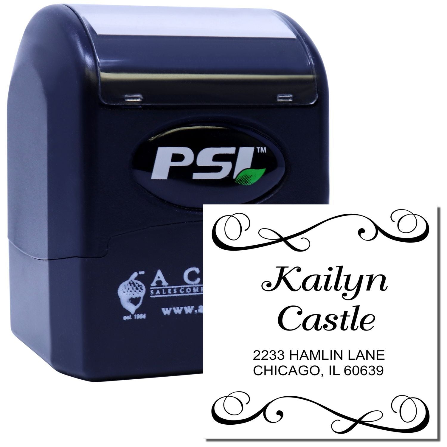 PSI self-inking rubber stamp with custom return address design for Kailyn Castle, ideal for personalized mailing.