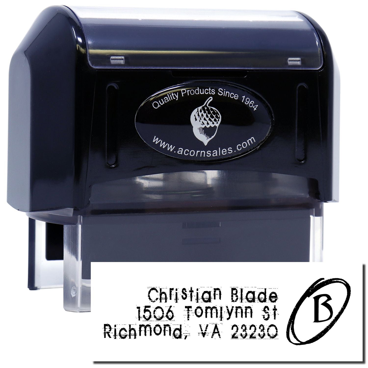 Self-inking rubber address stamp with business name and logo for fast, professional mailing and document marking.