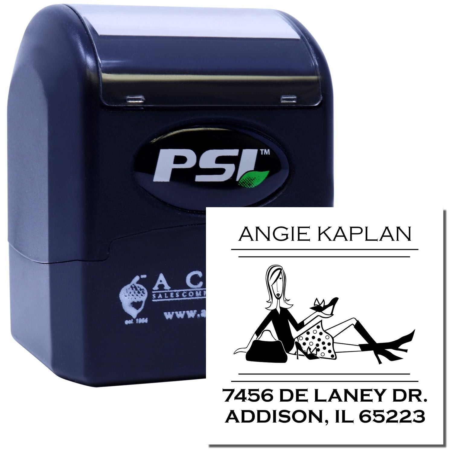 Custom PSI self-inking rubber stamp showing a personalized return address and logo imprint for business branding.