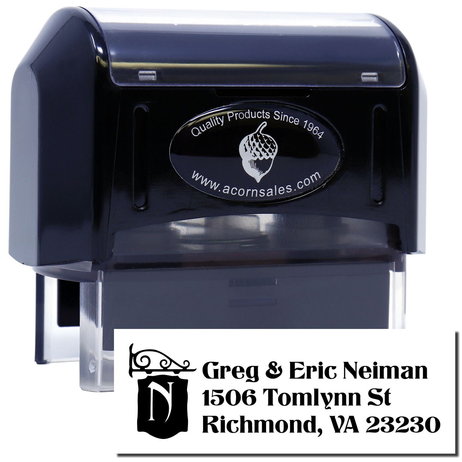 Custom self-inking rubber stamp for return address mailing labels and business branding.