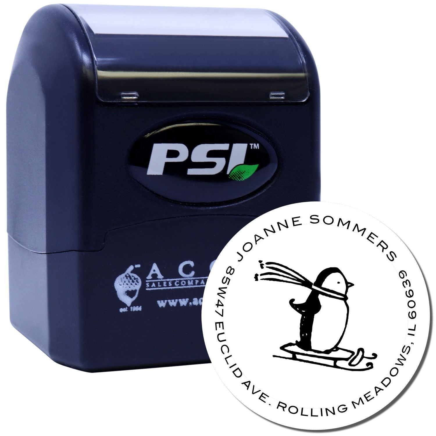 Custom PSI self-inking rubber stamp for personalized return address or business logo imprint.