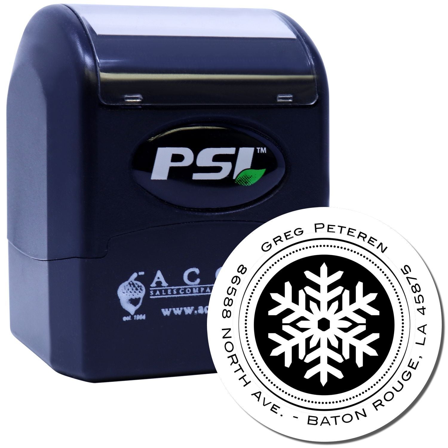 PSI self-inking rubber stamp with custom round address design and snowflake logo, ideal for personalized return address stamping.