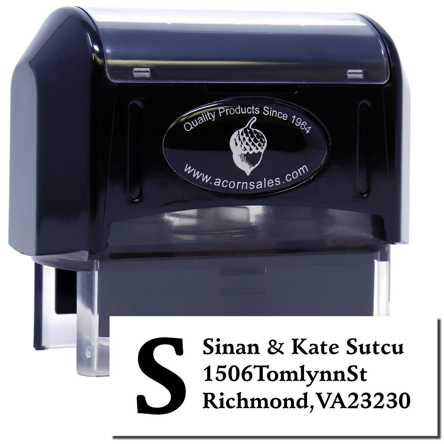 Custom self-inking rubber address stamp with S initial for Sinan & Kate Sutcu, Richmond, VA 23230.