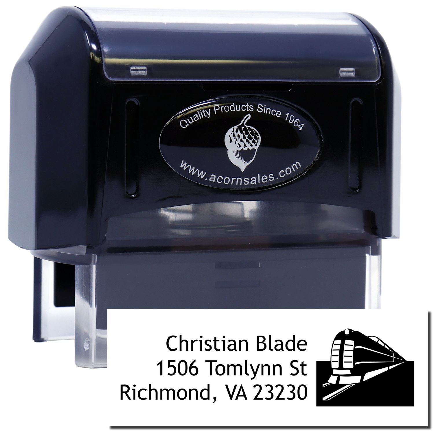 Custom self-inking return address rubber stamp with train logo and Christian Blade, Richmond, VA 23230.