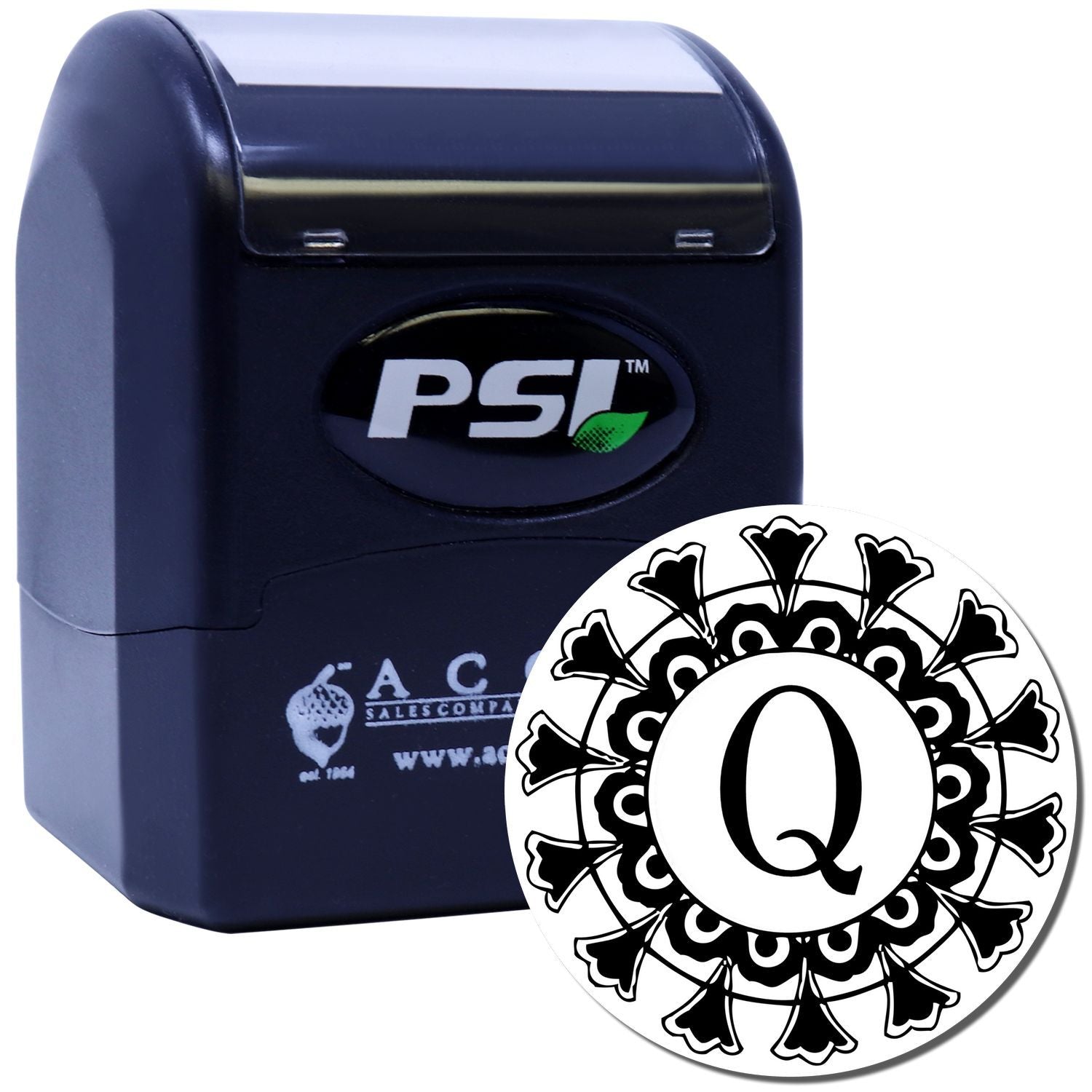 PSI self-inking rubber stamp with custom round Q monogram design for personalized office and craft stamping