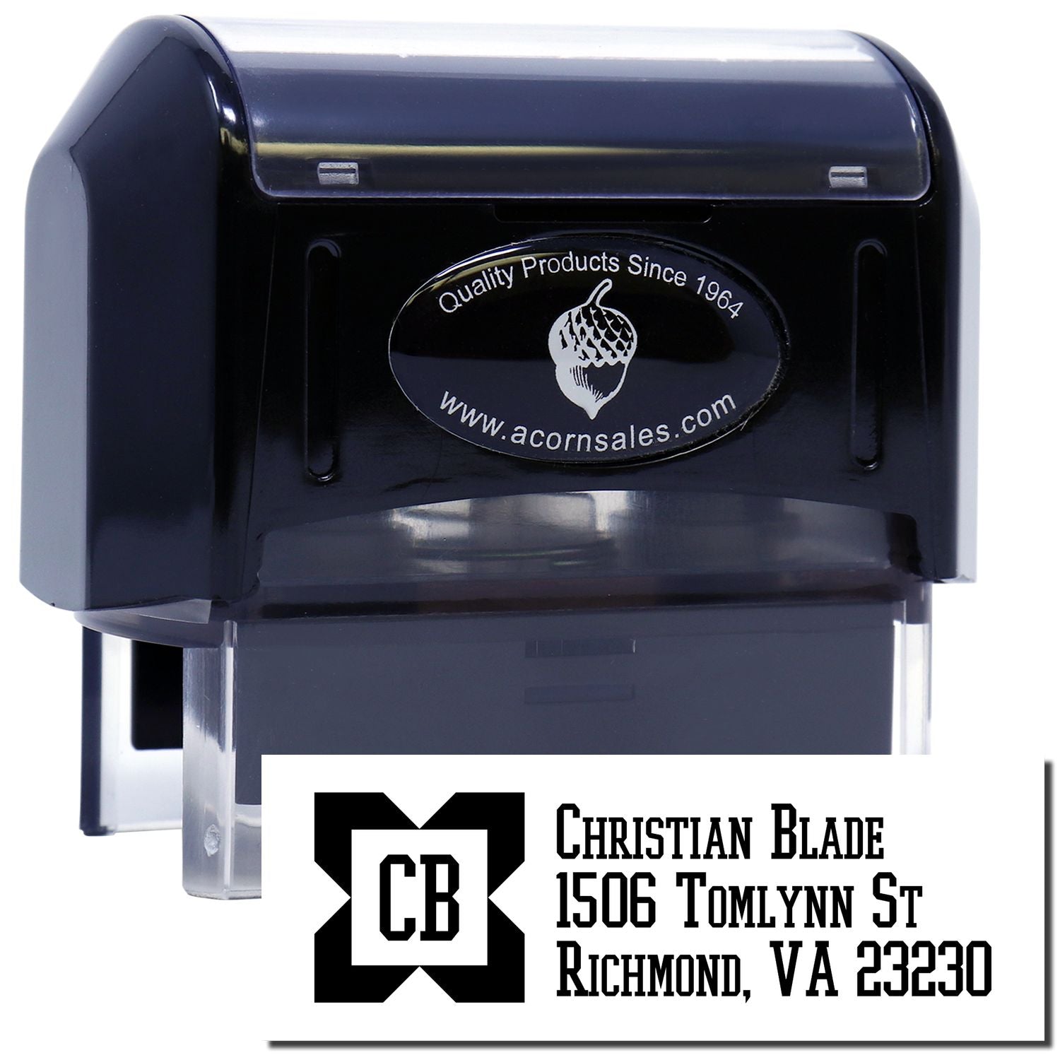 Custom self-inking rubber address stamp with logo for Christian Blade, Richmond VA business mailing labels