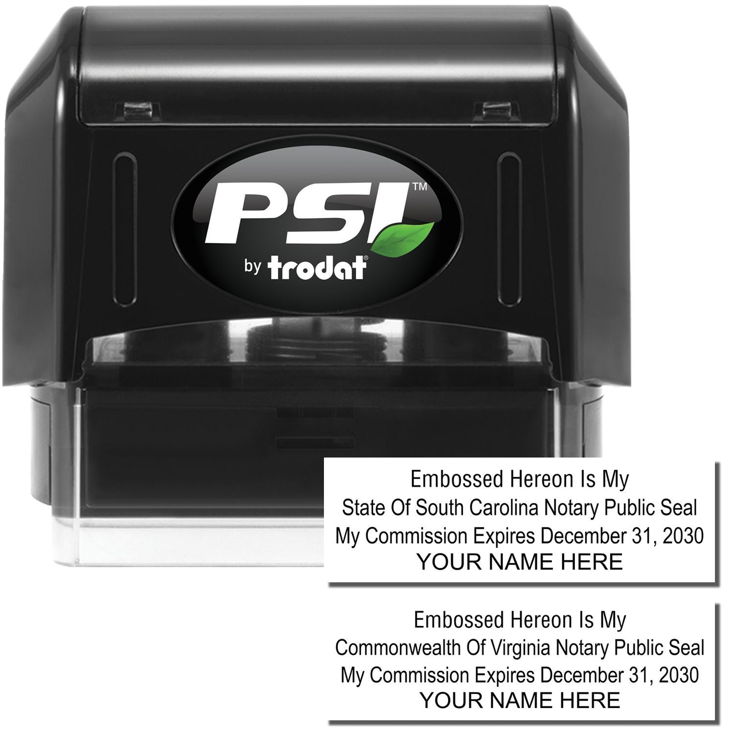PSI by Trodat custom notary public seal embosser for South Carolina and Virginia with personalized name and commission expiration date.