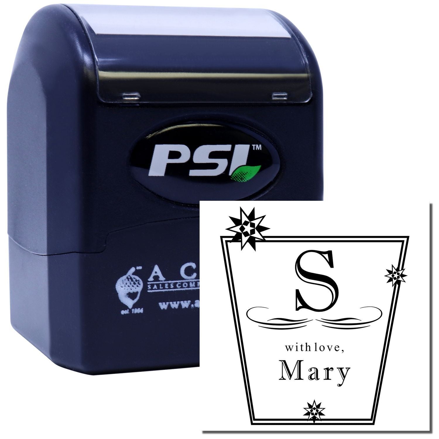 PSI self-inking rubber stamp with custom monogram S with love, Mary design for personalized stamping.