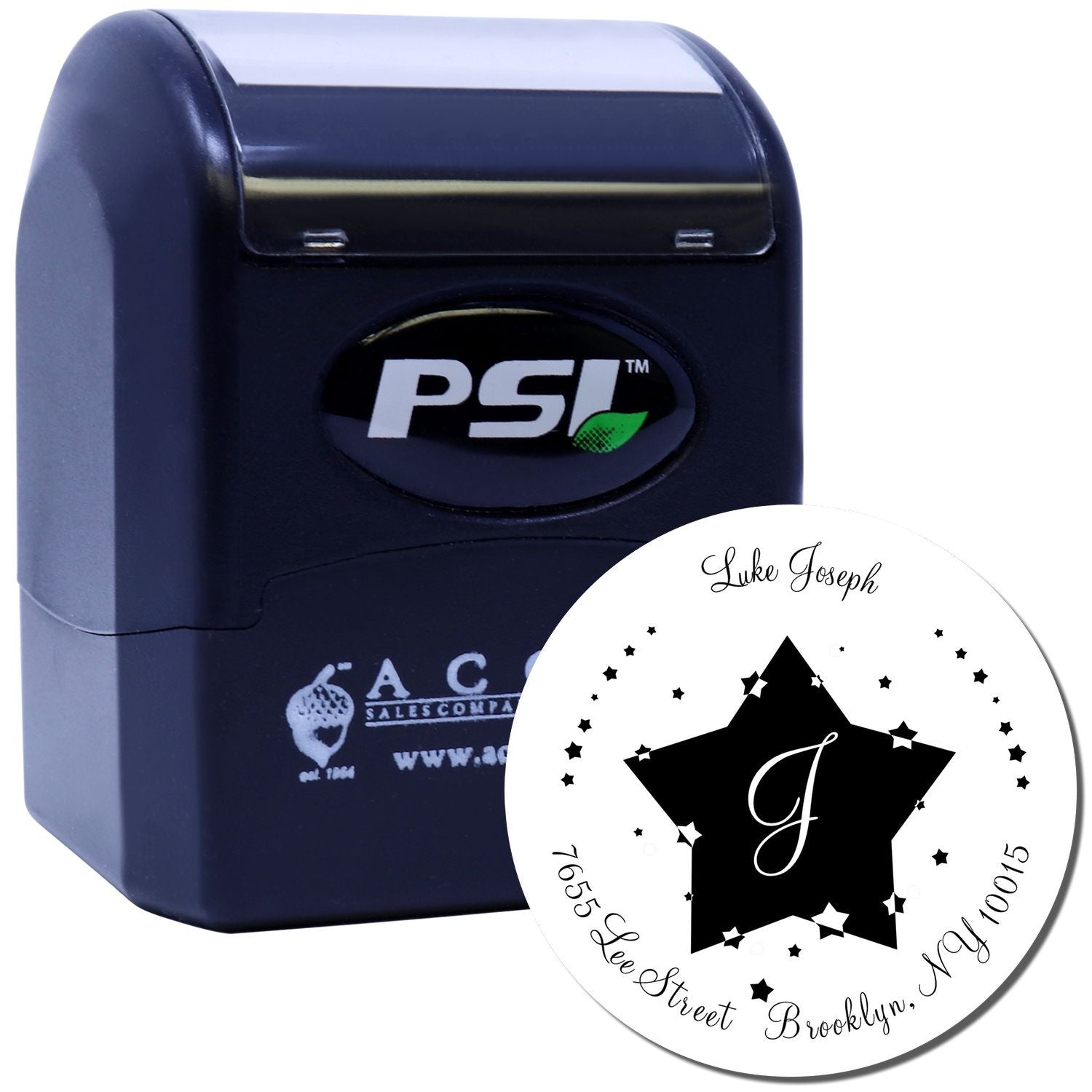 PSI self-inking custom rubber stamp with monogram address design for personalized mailing and business use