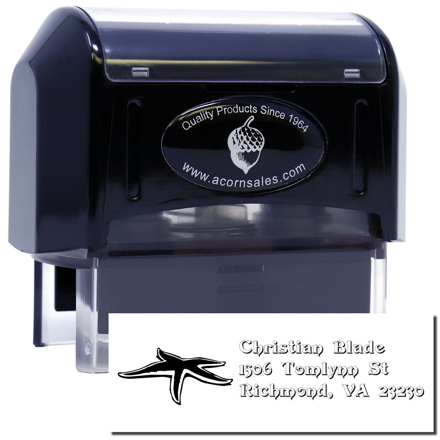 Custom self-inking address rubber stamp with logo and personalized business imprint
