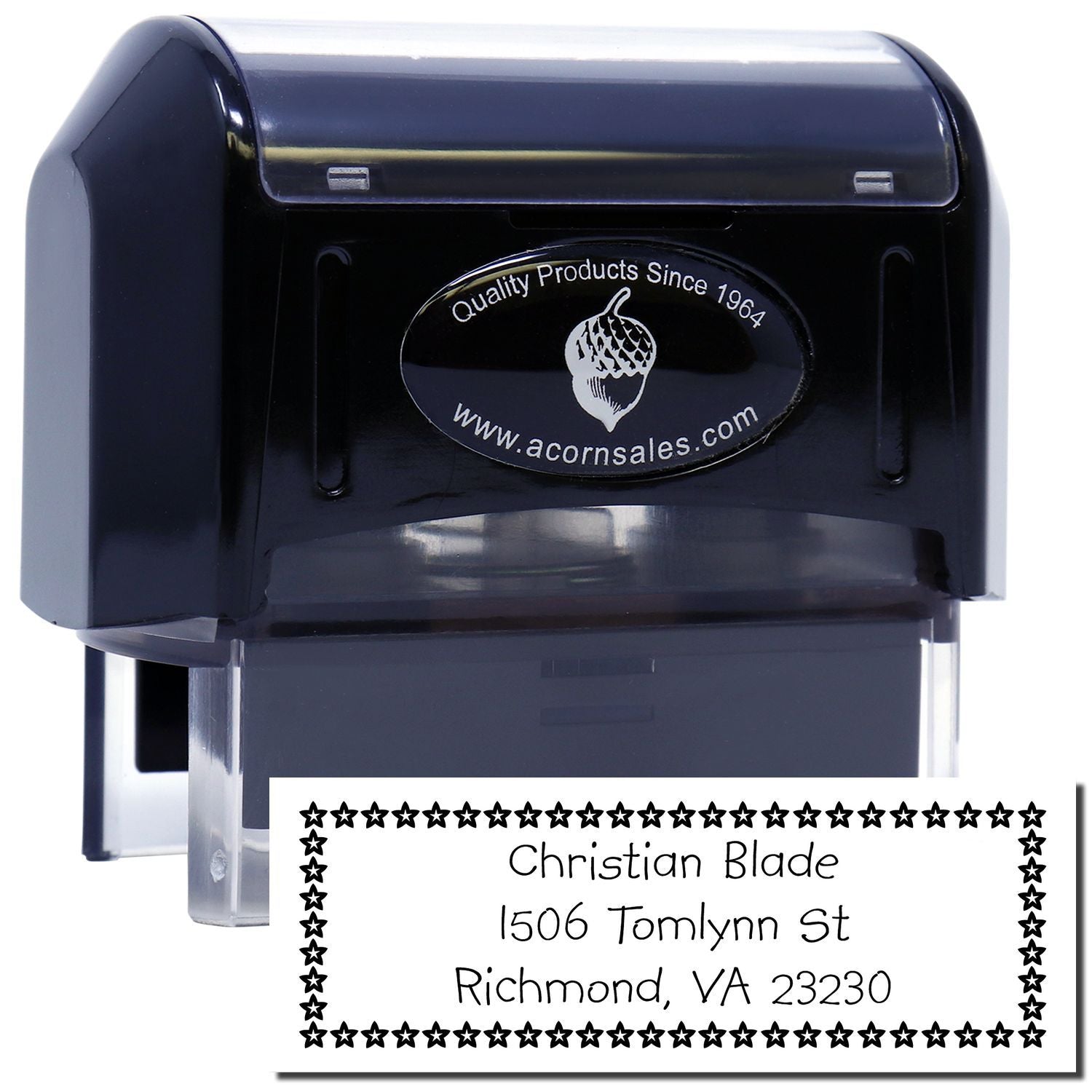 Personalized self-inking return address rubber stamp with star border, showing sample imprint for Christian Blade, Richmond, VA.