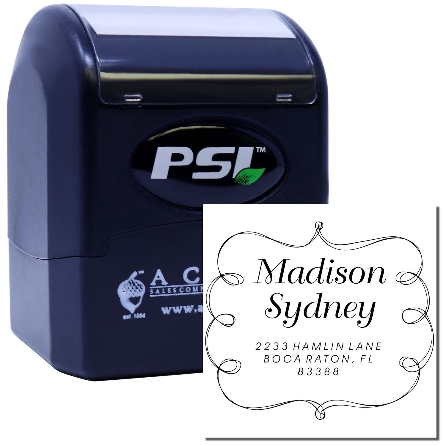 PSI self-inking custom address rubber stamp with ornate return address design for wedding invitations and envelopes.