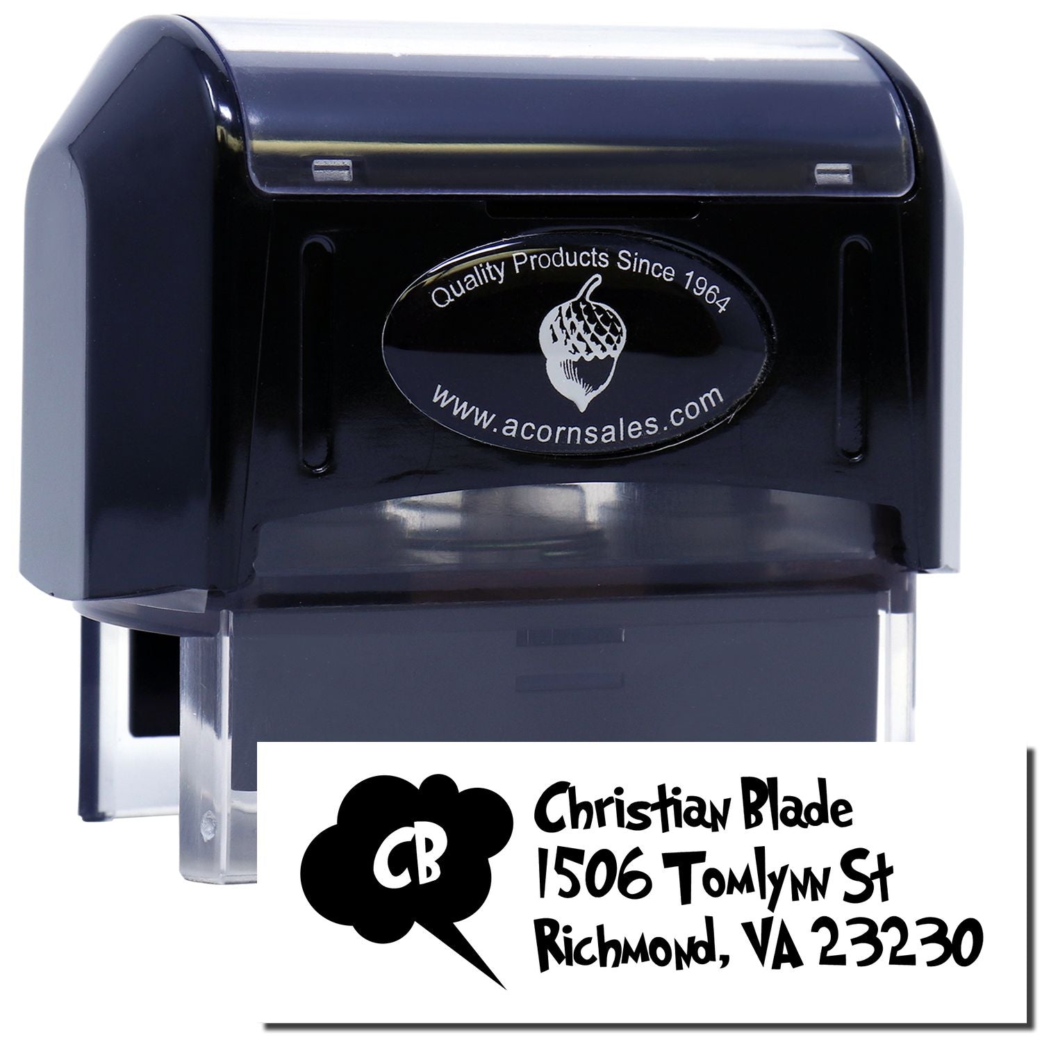 Personalized self-inking rubber stamp with custom logo and return address for business mailing.