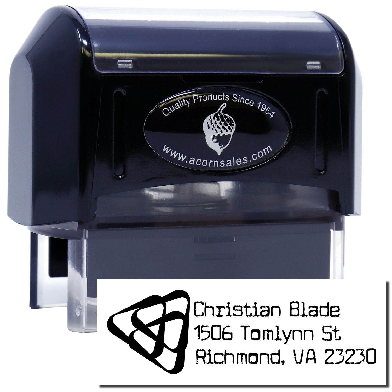Custom self-inking rubber stamp with business name, logo, and address for professional mailing.