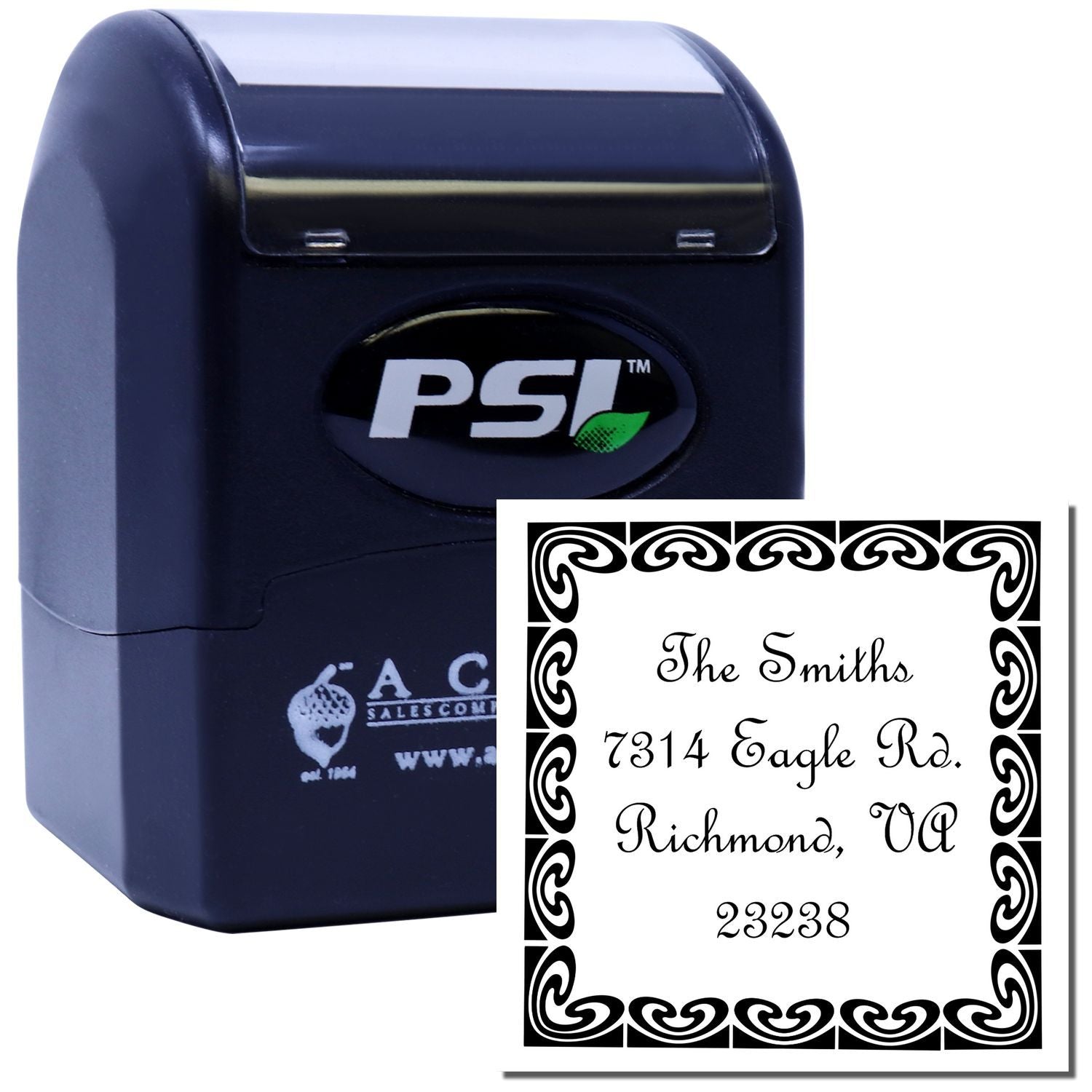 PSI self-inking custom address rubber stamp with decorative border for personalized mailing