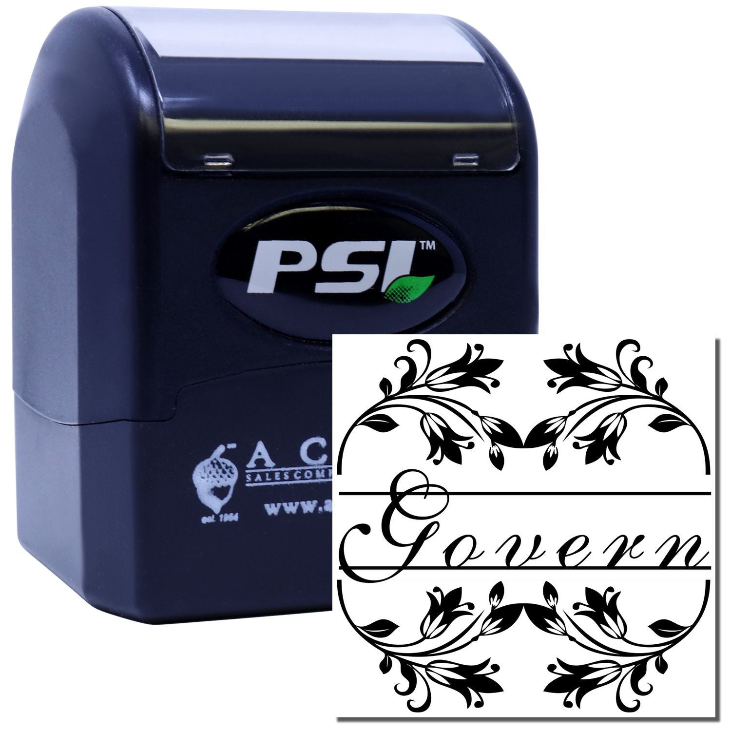 PSI self-inking rubber stamp with ornate floral custom text design for personalized business stamping