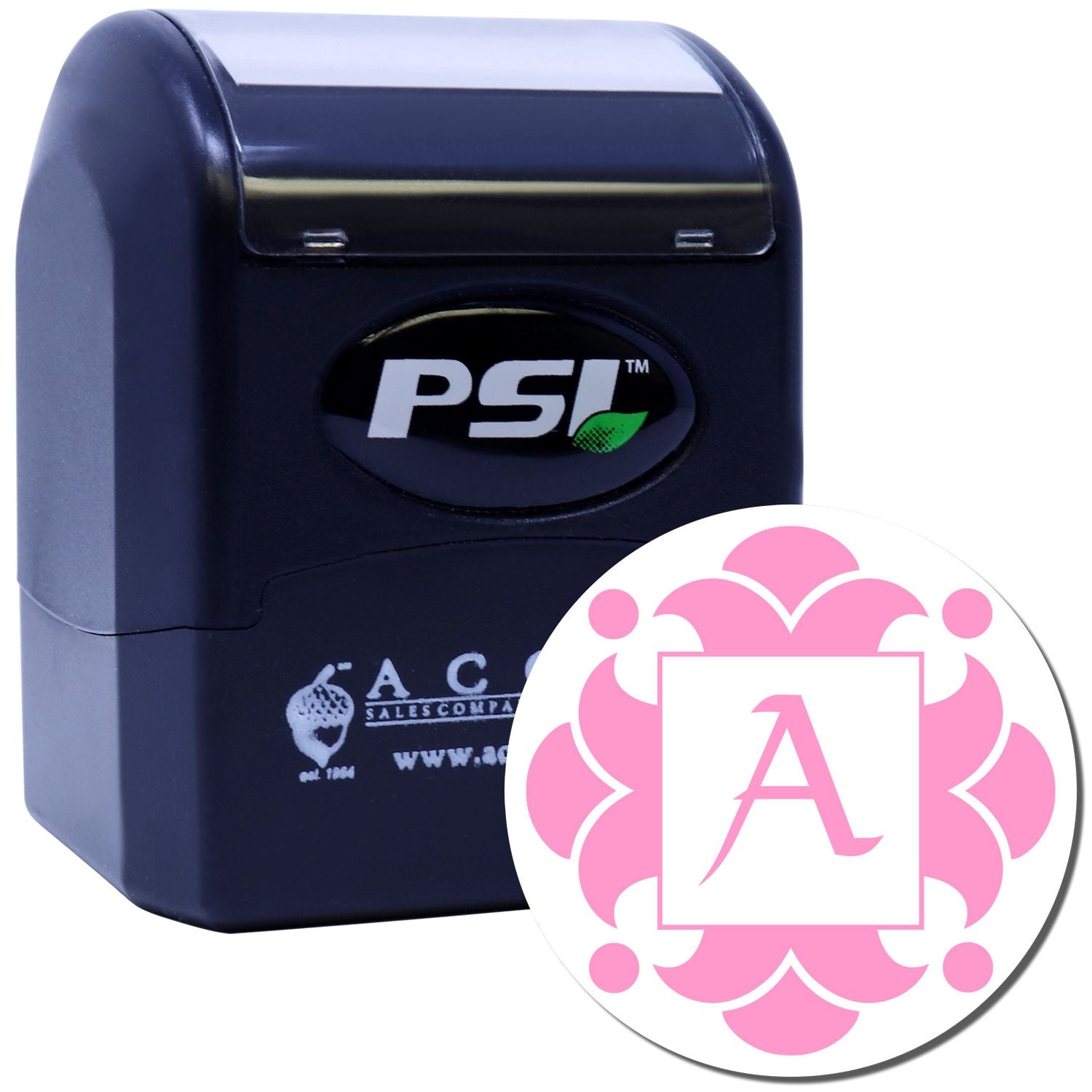 Custom initial A self-inking rubber stamp with floral monogram design for personalized business or wedding branding.
