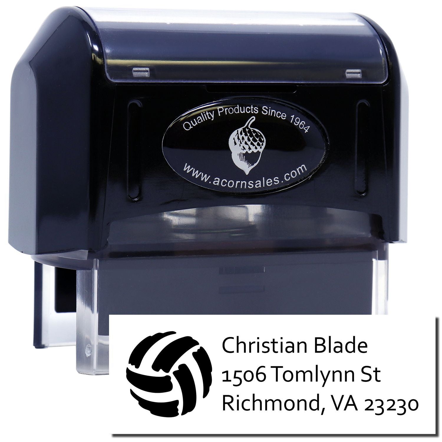Custom self-inking rubber address stamp with logo, Christian Blade, Richmond, VA 23230