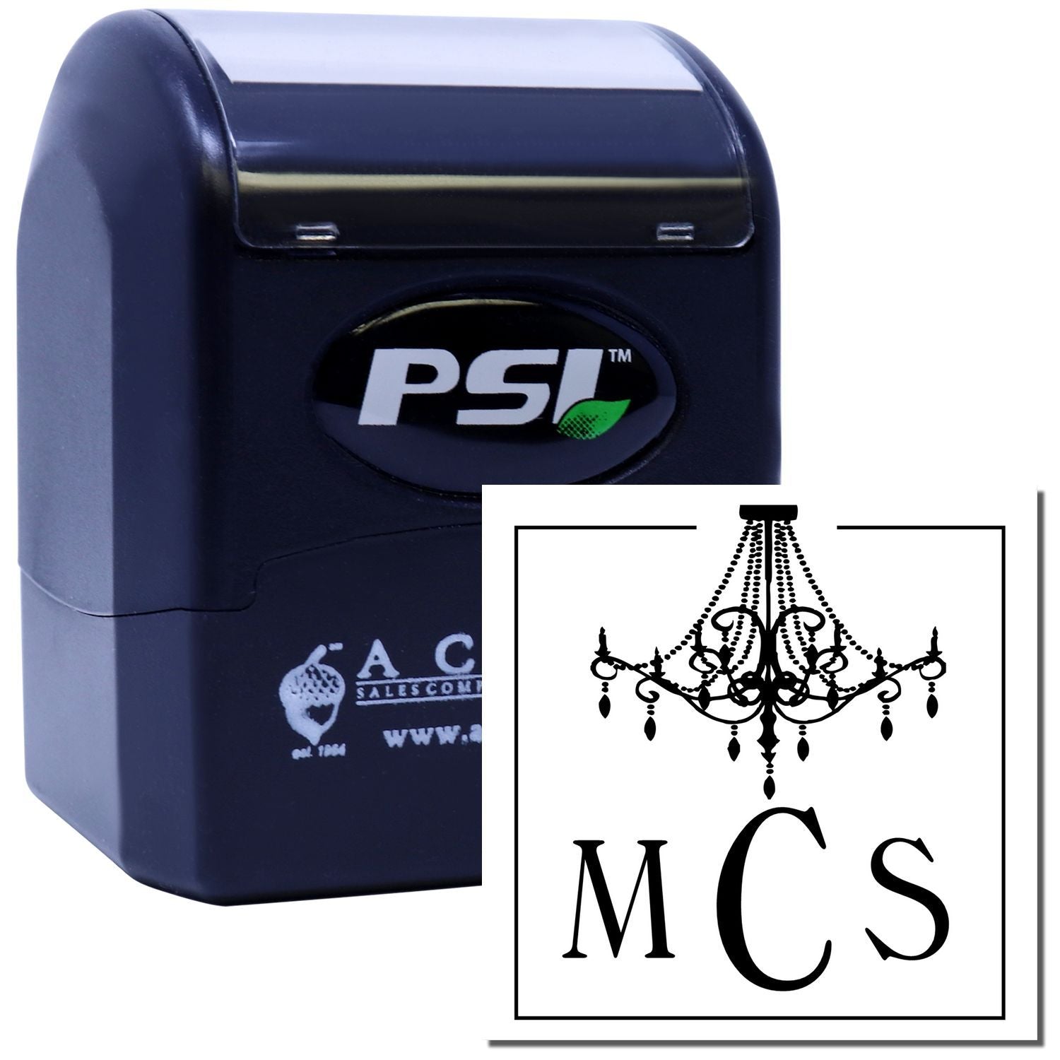PSI self-inking rubber stamp with custom chandelier monogram MCS design for personalized business marking