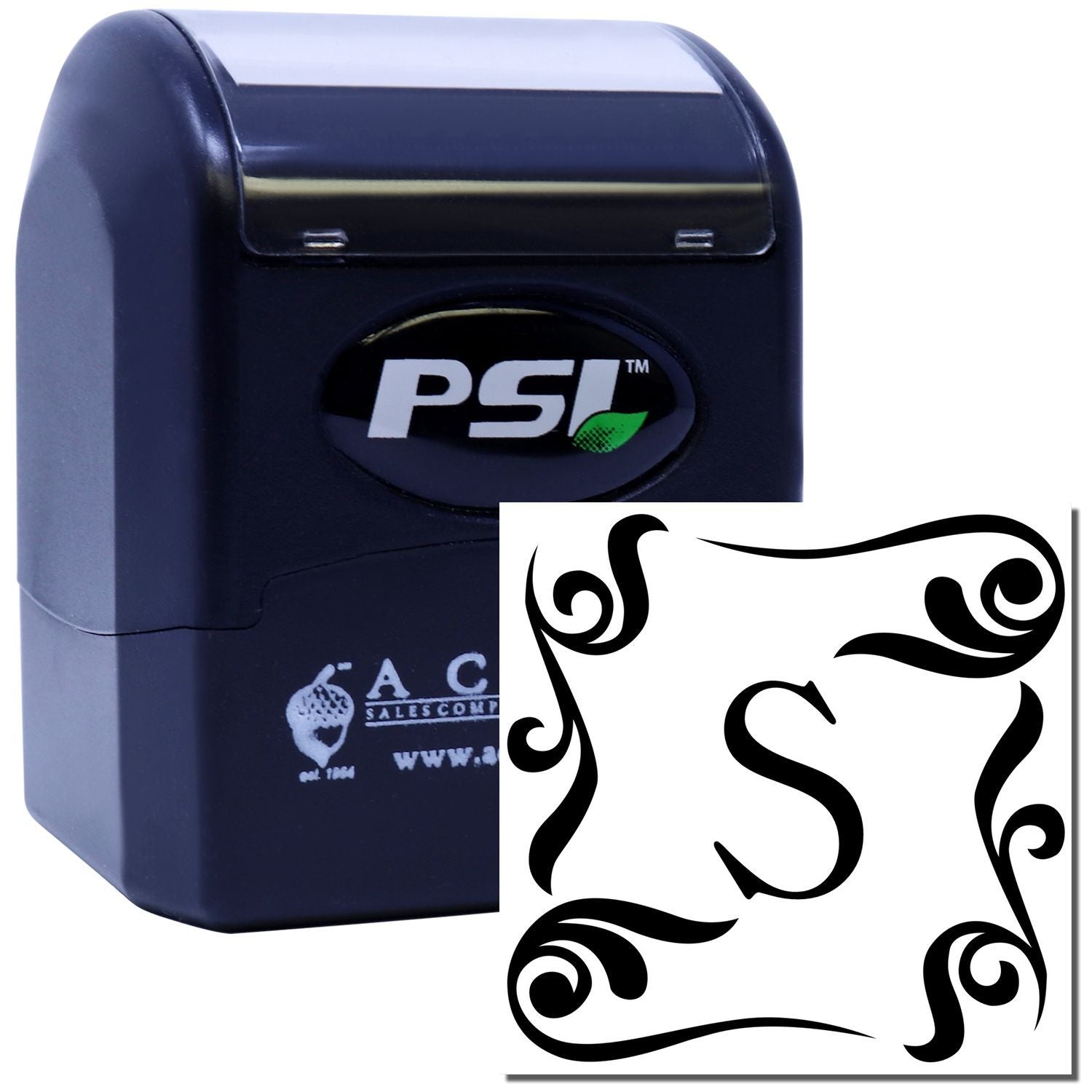 PSI self-inking rubber stamp with decorative letter S monogram design for custom branding, stationery, and business use