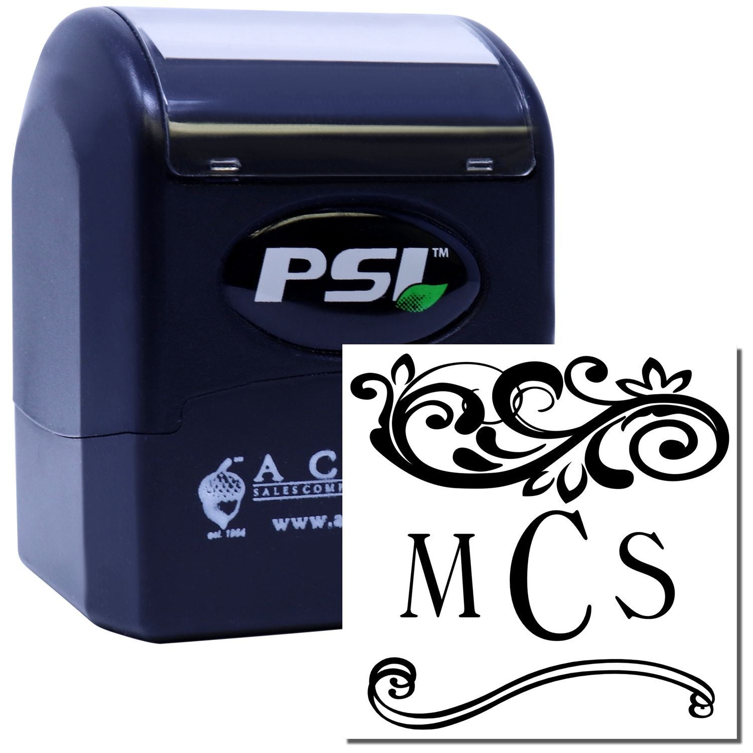 PSI self-inking custom rubber stamp with decorative monogram MCS flourish for personalized branding