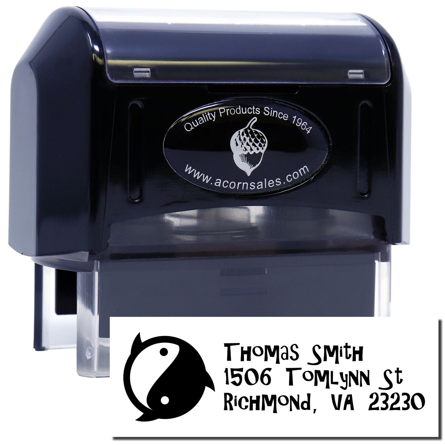 Custom self-inking rubber address stamp with yin-yang logo and Thomas Smith return address.