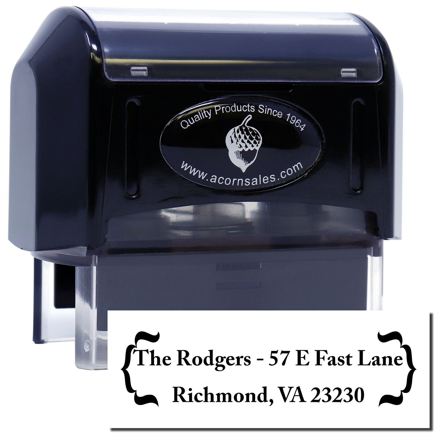 Custom self-inking address rubber stamp with The Rodgers return address, Richmond, VA 23230.