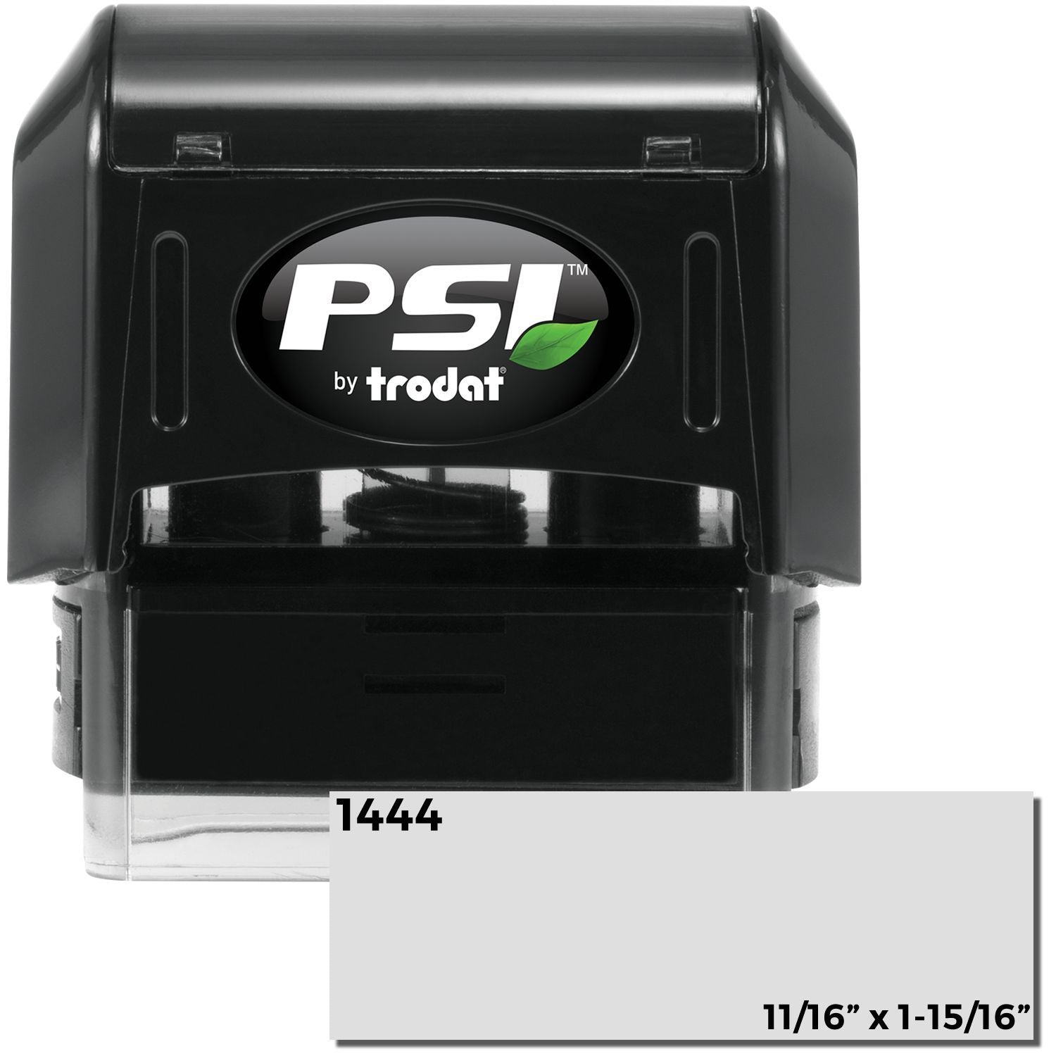 Trodat PSI self-inking stamp front view, model 1444, with PS1 logo and size 11/16 x 1-15/16 in.