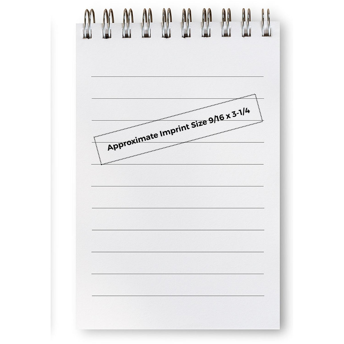 Notebook template with approximate imprint size 9/16 x 3-1/4, showing branding area for custom logo printing on promotional notebooks