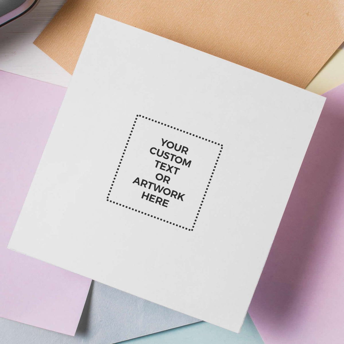 Printable greeting card mockup template with Your Custom Text or Artwork Here placeholder for custom design