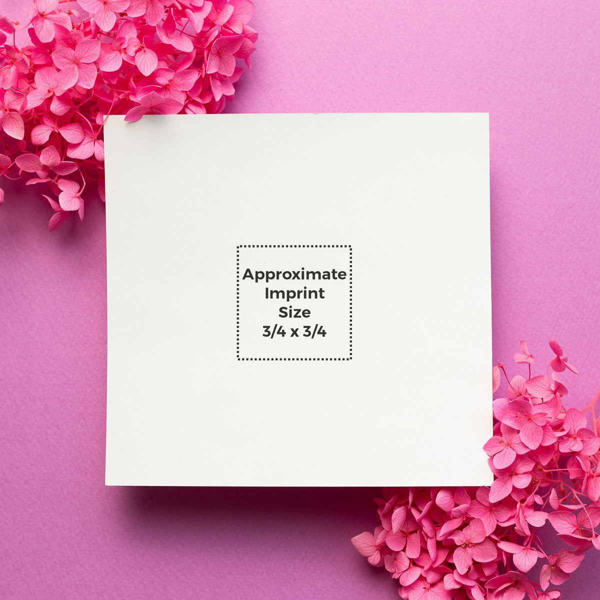Blank white product label with approx imprint size 3/4 x 3/4, set on pink hydrangea flowers for custom branding gift printing