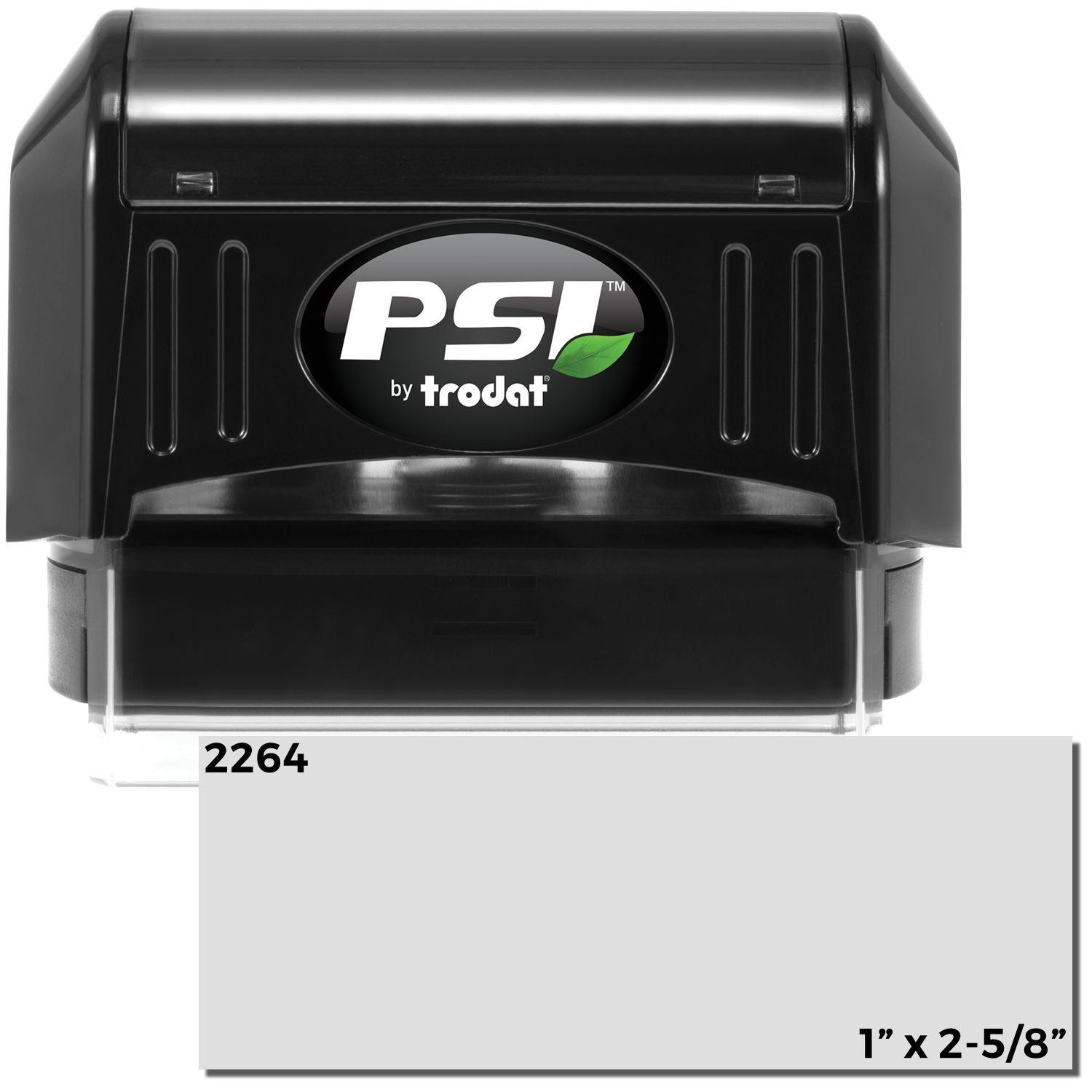 Trodat PSI by Trodot self-inking stamp, front view showing imprint plate and logo; product 2264, 1 x 2-5/8 in size.