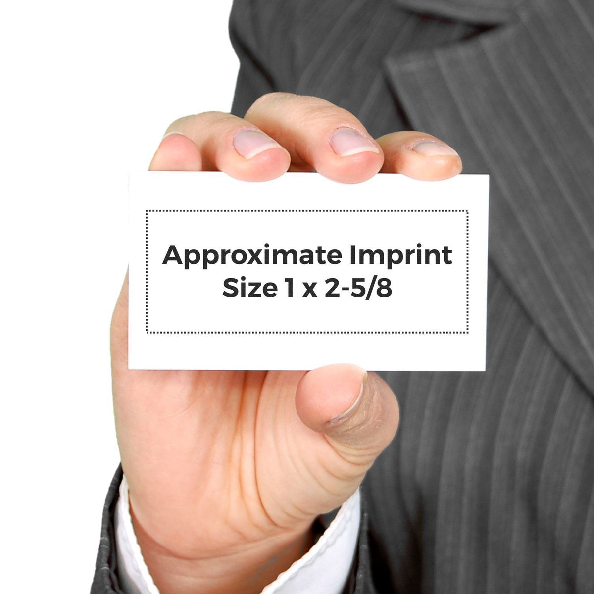 Hand holds card stating approximate imprint size 1 x 2-5/8 for custom printing and branding.