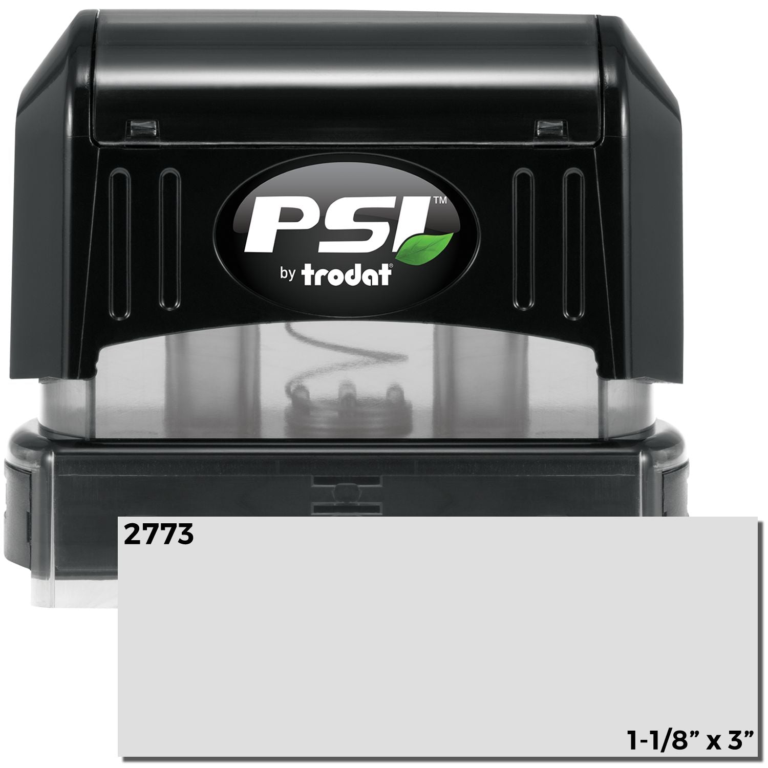 Trodat PSi stamp model 2773 with PSi by trodat logo, showing 1-1/8 in x 3 in label size.