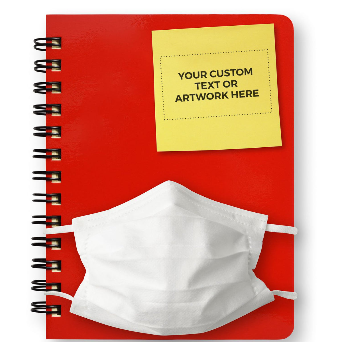Red spiral notebook mockup with custom text label and white face mask, showcasing personalized branding and safety for events.