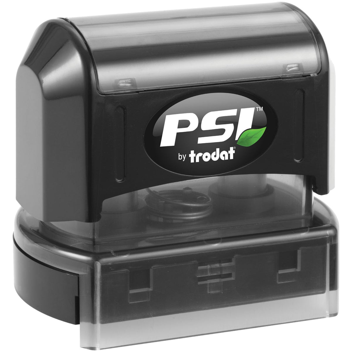 Trodat PS1 self-inking ink stamp close-up, showing compact stamp branding for document labeling.