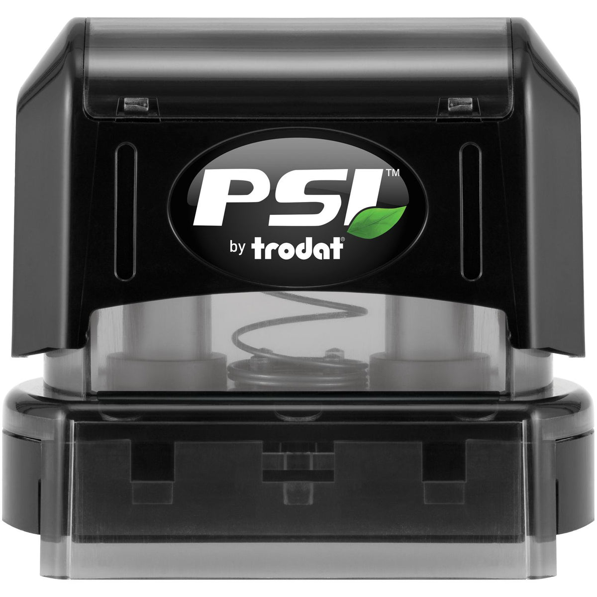 Trodat PSI self-inking stamp with PSI by trodat logo on the stamp pad base, used to imprint office documents quickly.