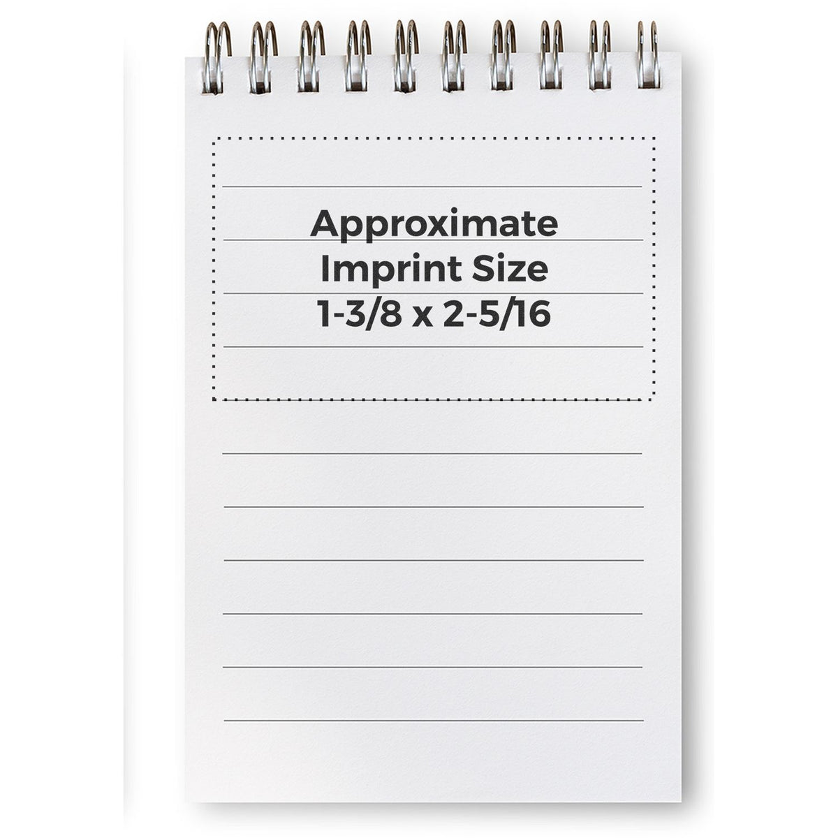 Notepad graphic showing approximate imprint size for custom printing: 1-3/8 x 2-5/16 inches for accurate logo placement.