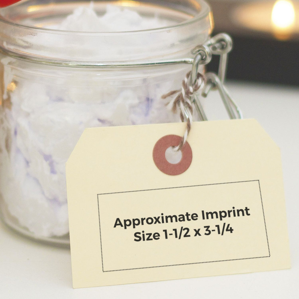 Glass jar product tag showing approximate imprint size 1-1/2 x 3-1/4 inches for custom printing or engraving.